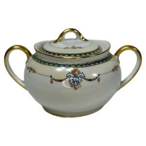 ANTIQUE NORITAKE LAUREATE #61235 SUGAR BOWL/LID 1921 PORCELAIN BLUE GOLD FLORAL